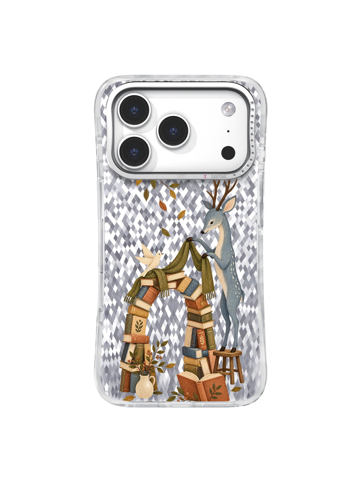 Blue deer leaving an open terracotta book below a scarf-covered arch on an iPhone 17 Pro case