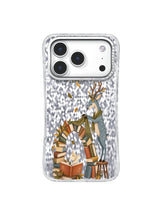 Dusty-blue deer, olive scarf and curved book arch in peach storybook art on an iPhone 17 Pro case