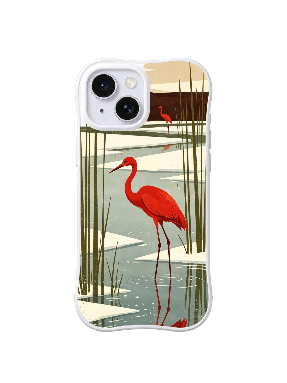 White iPhone 13 case with scarlet crane in a winter marsh among olive reeds folk art pattern 1