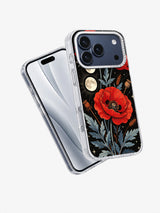 Angled view of Scarlet Poppy Eclipse iPhone case with red flower, moon, and blue-grey leaves
