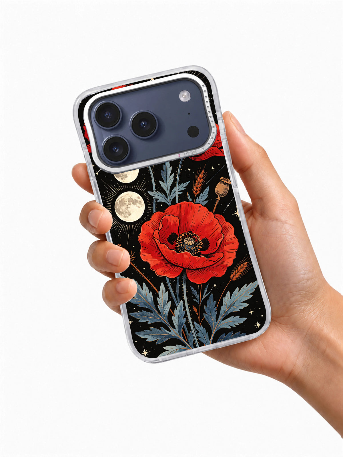 Scarlet Poppy Eclipse iPhone case held in hand showing the poppy and lunar artwork