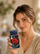 Lifestyle view of Scarlet Poppy Eclipse iPhone case with scarlet bloom and ivory moon details