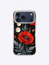 Scarlet Poppy Eclipse iPhone case, Twin Moon Scarlet Bloom pattern with red poppy and two ivory moons