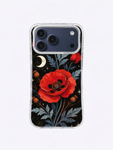 Scarlet Poppy Eclipse iPhone case, Blue Fern Eclipse Poppy pattern with cool leaves and pale moon