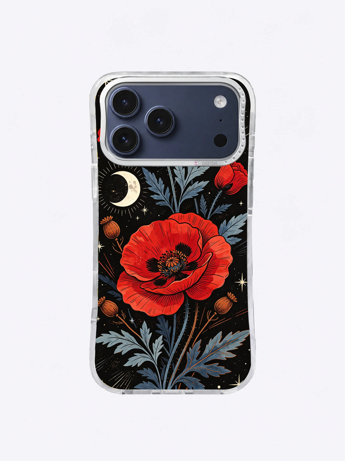 Scarlet Poppy Eclipse iPhone case, Blue Fern Eclipse Poppy pattern with cool leaves and pale moon