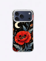 Scarlet Poppy Eclipse iPhone case, Crescent Seedhead Night Garden pattern with red flower and rust pods