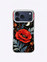 Scarlet Poppy Eclipse iPhone case, Ivory Moon Poppy Grove pattern with blue-grey foliage