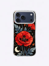 Scarlet Poppy Eclipse iPhone case, Scarlet Bloom Moonrise pattern with tall leaves and crescent
