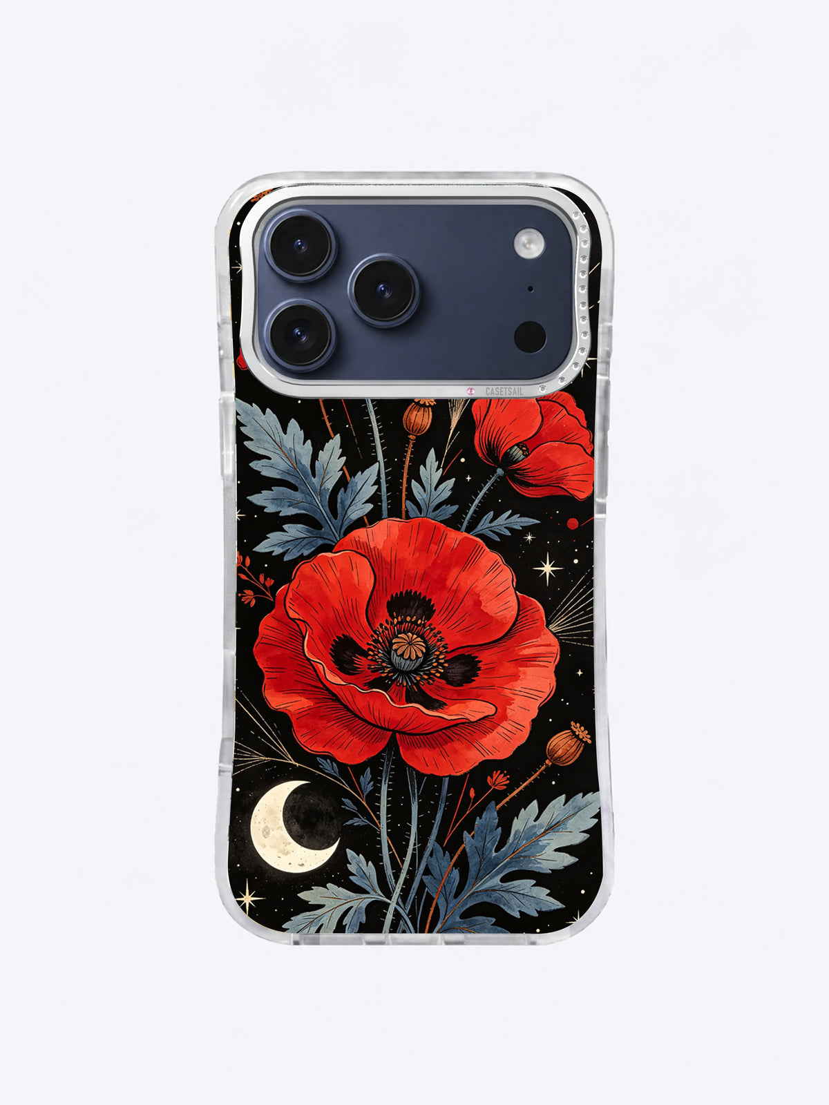 Scarlet Poppy Eclipse iPhone case, Scarlet Bloom Moonrise pattern with tall leaves and crescent
