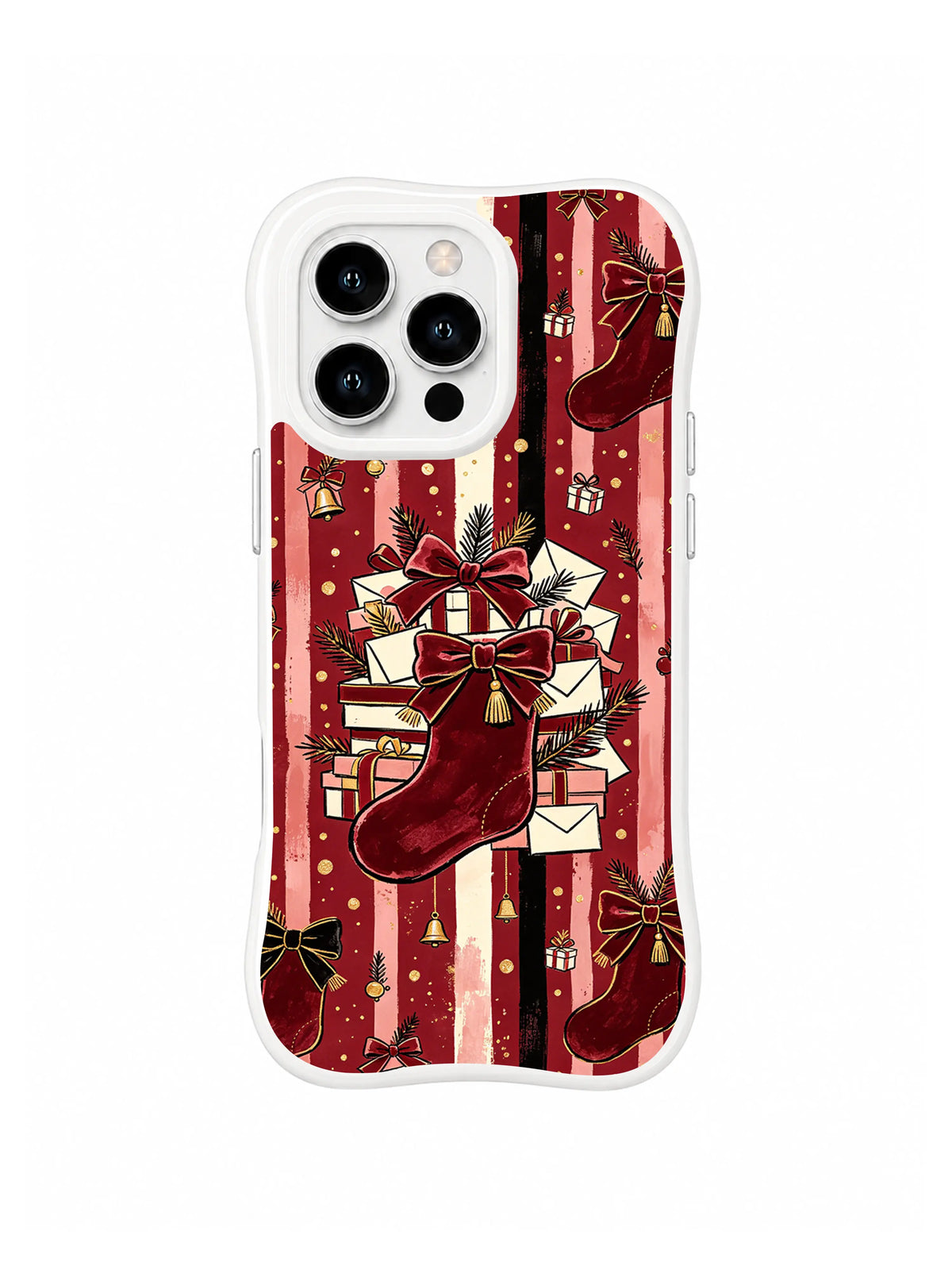 Scarlet Stocking Wishes pattern on a white iPhone 14 Pro case with a red stocking, wrapped gifts, black ribbon columns and gold star marks