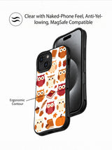 Scholar Owl Autumn Notes: Tanıtım panelinde telefon önüyle üst üste gösterilen desenli kılıf arkası.