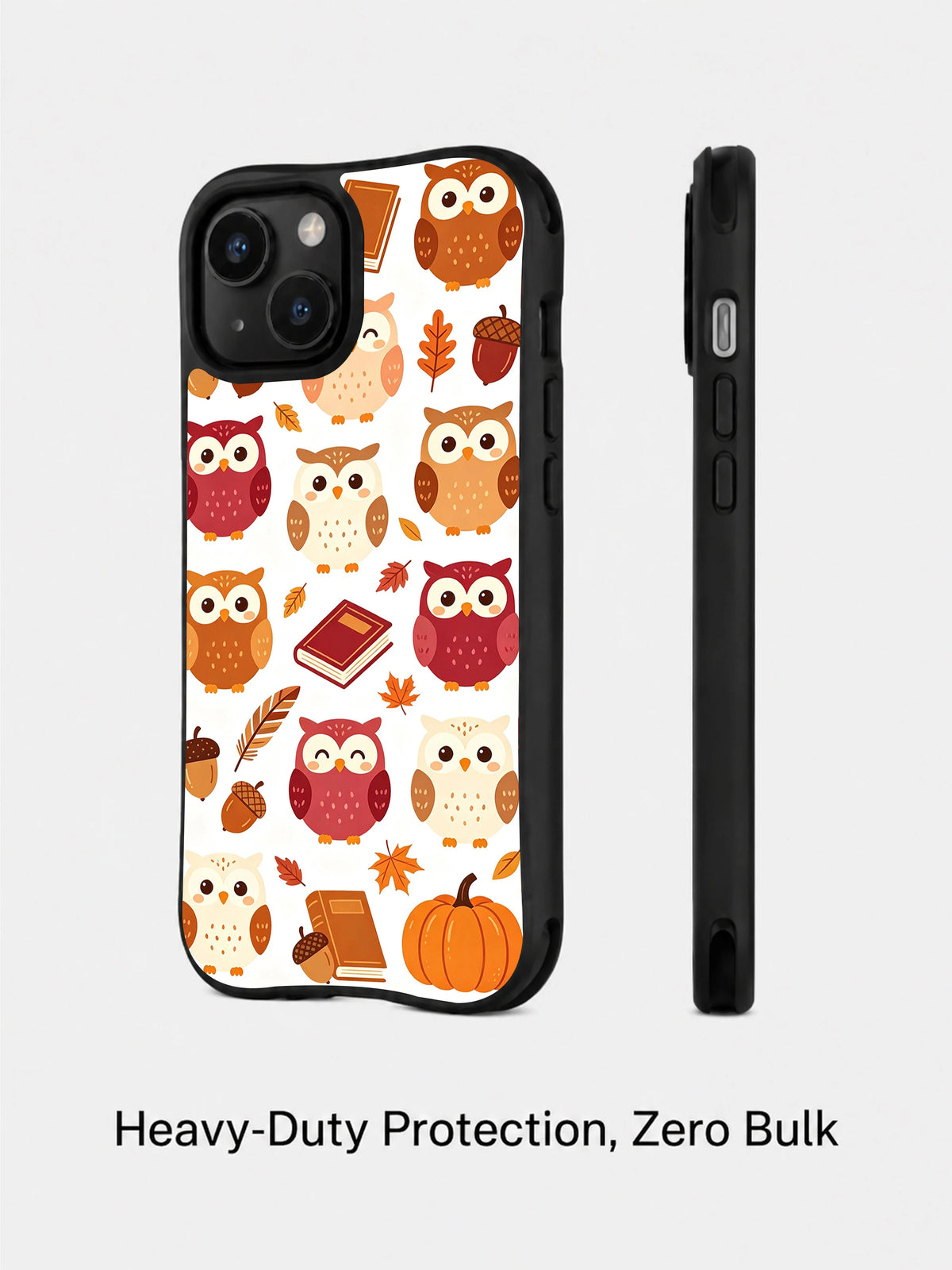 Scholar Owl Autumn Notes: Bir arada gösterilen desenli telefon arkası ve dar yan profil.