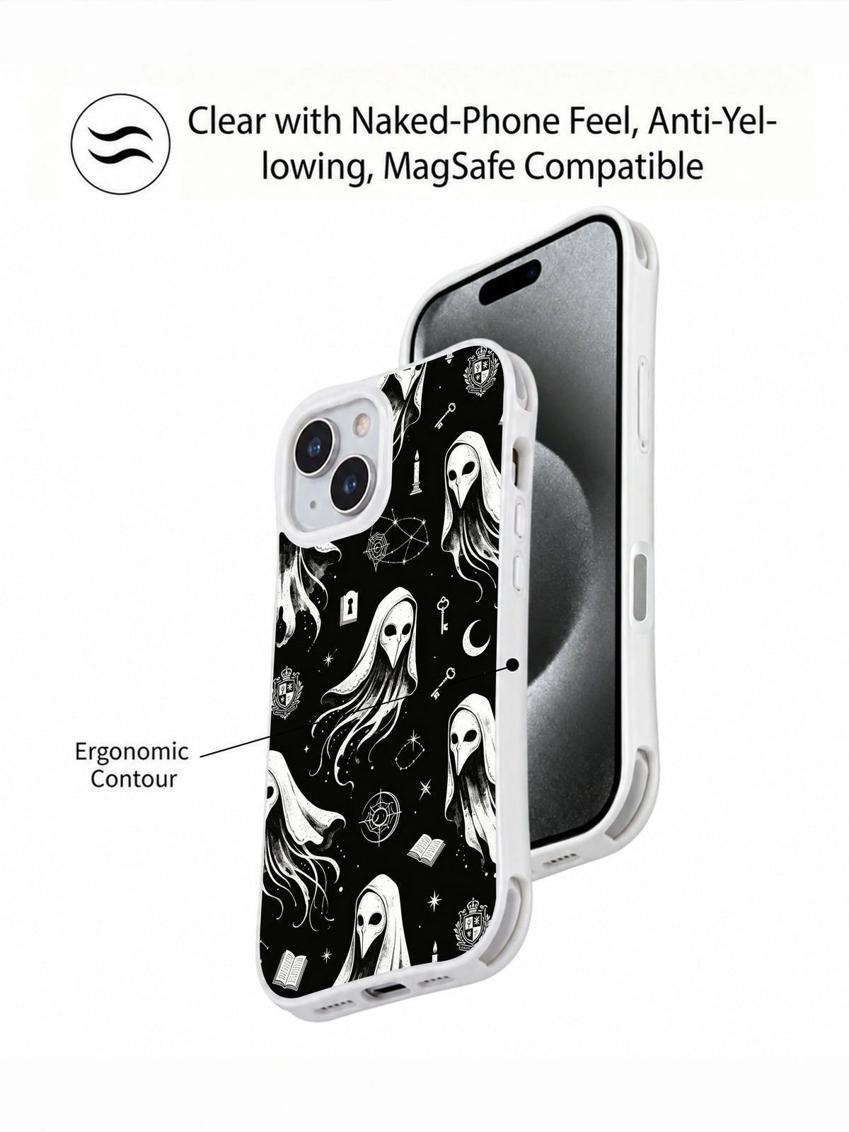 The Scholar’s Secret Apparitions case front and contour presentation for iPhone 15 Plus