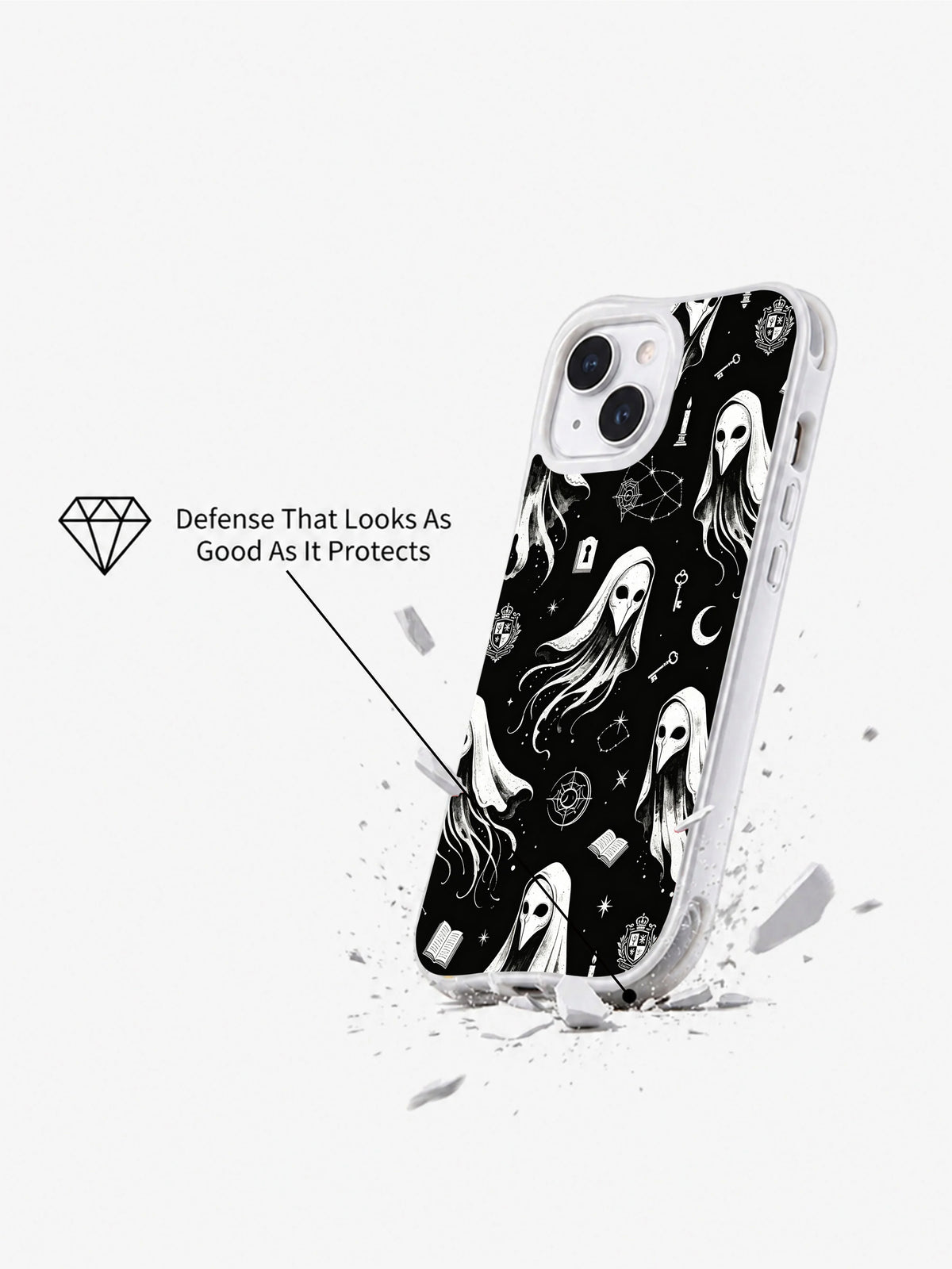 The Scholar’s Secret Apparitions iPhone 15 Plus case in angled product display