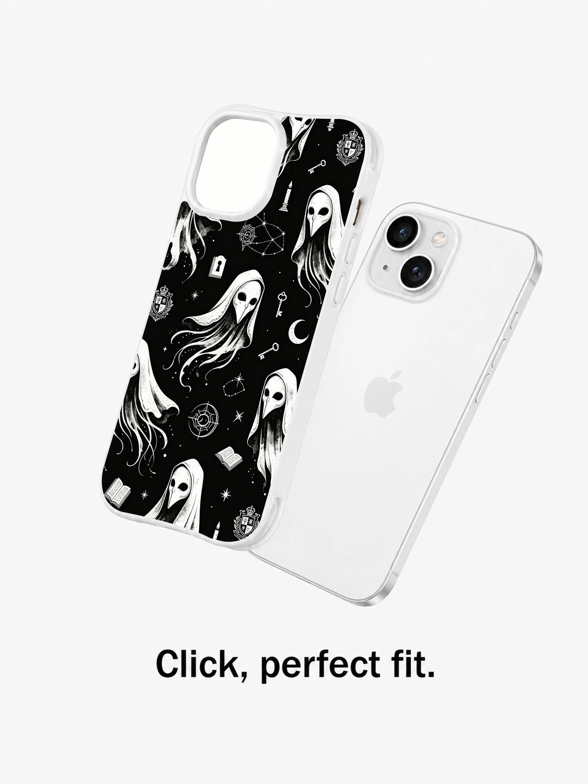 Black and white dark academia ghost iPhone 15 Plus case separated fit view