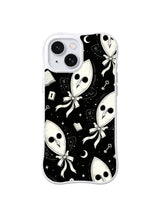 Ribboned Scholar Wraiths black and white academic ghost artwork on iPhone 15 Plus case