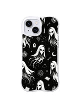 Whispering Library Keepers ghost and book artwork on black iPhone 15 Plus case