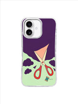 Red scissors cutting through a dark violet sky with plum cloud offcuts on mint