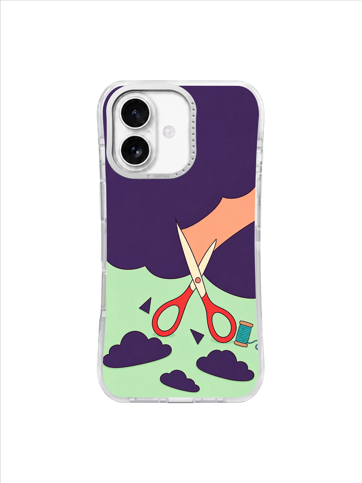 Vermilion scissors opening a narrow apricot slit in a violet sky on a pale mint iPhone case