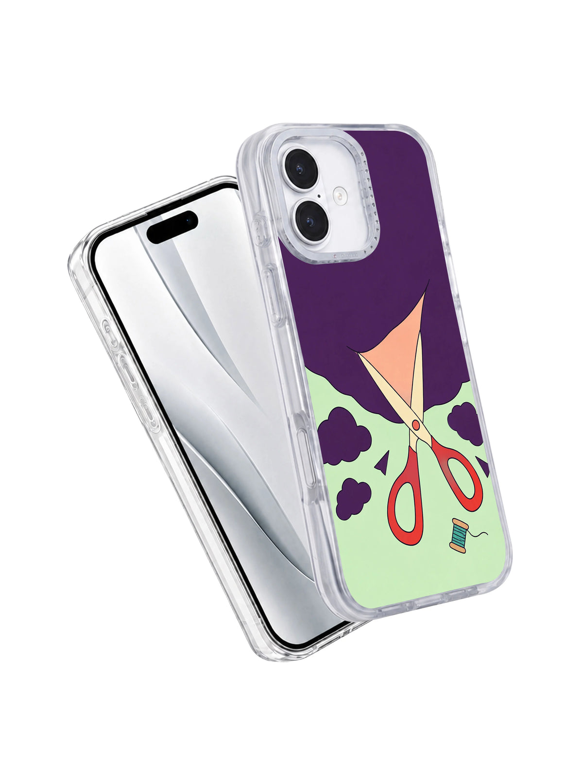 Angled front and back view of Scissors Open the Weather iPhone 17 case