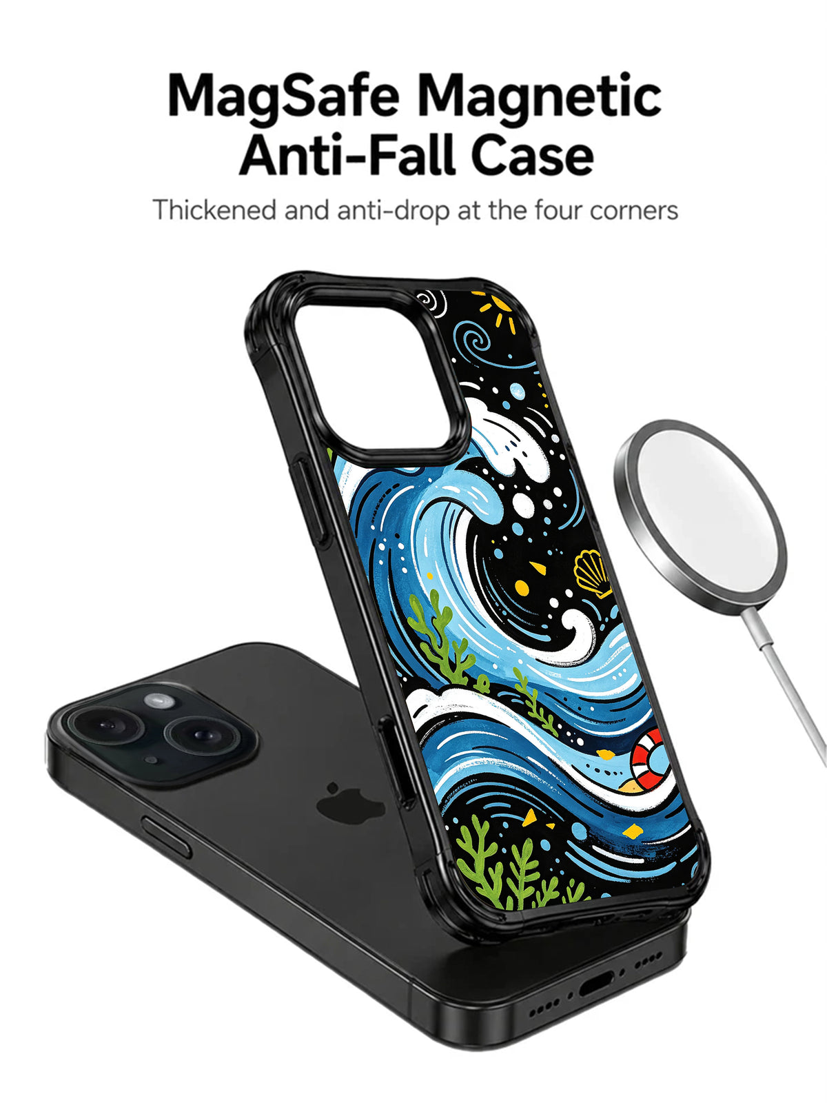Hand-drawn coastal iPhone 15 Pro case magnetic charging view