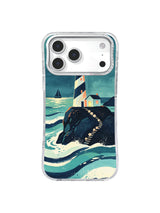 Ivory moon harbor iPhone case pattern with lighthouse on a black coastal rock