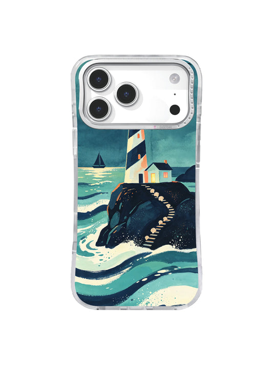 Ivory moon harbor iPhone case pattern with lighthouse on a black coastal rock