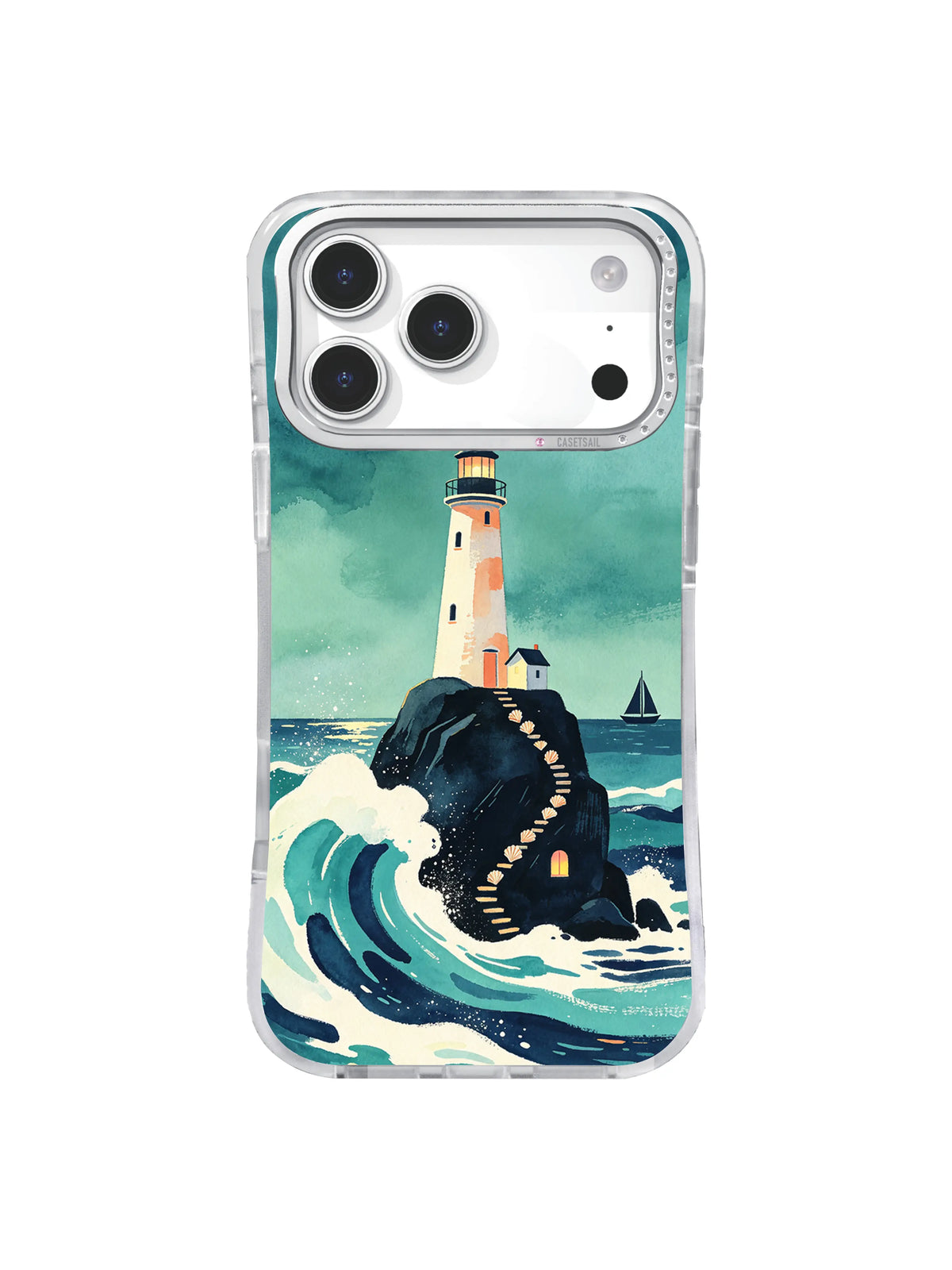Seafoam lighthouse stair iPhone case pattern with shell-lined path and sweeping waves