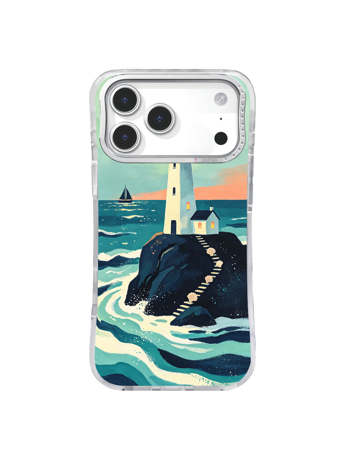 Coral window return iPhone case pattern with lighthouse cottage and distant sailboat