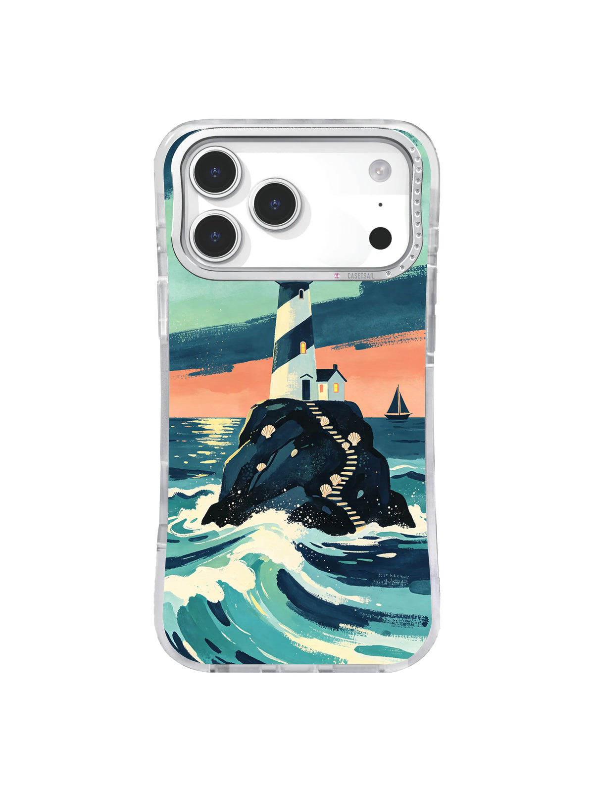 Storm wave safe passage iPhone case pattern with seabirds and crooked lighthouse