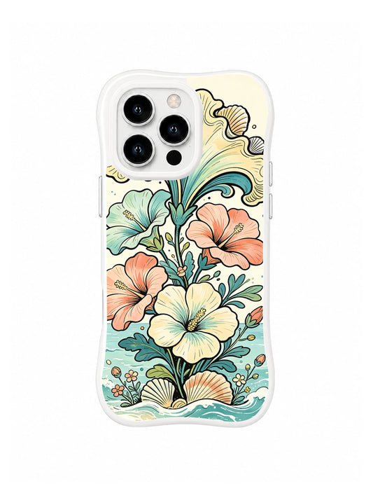 Shell Garden Tide: Cream and peach coastal flowers rise above teal foam, shells and a curling wave.