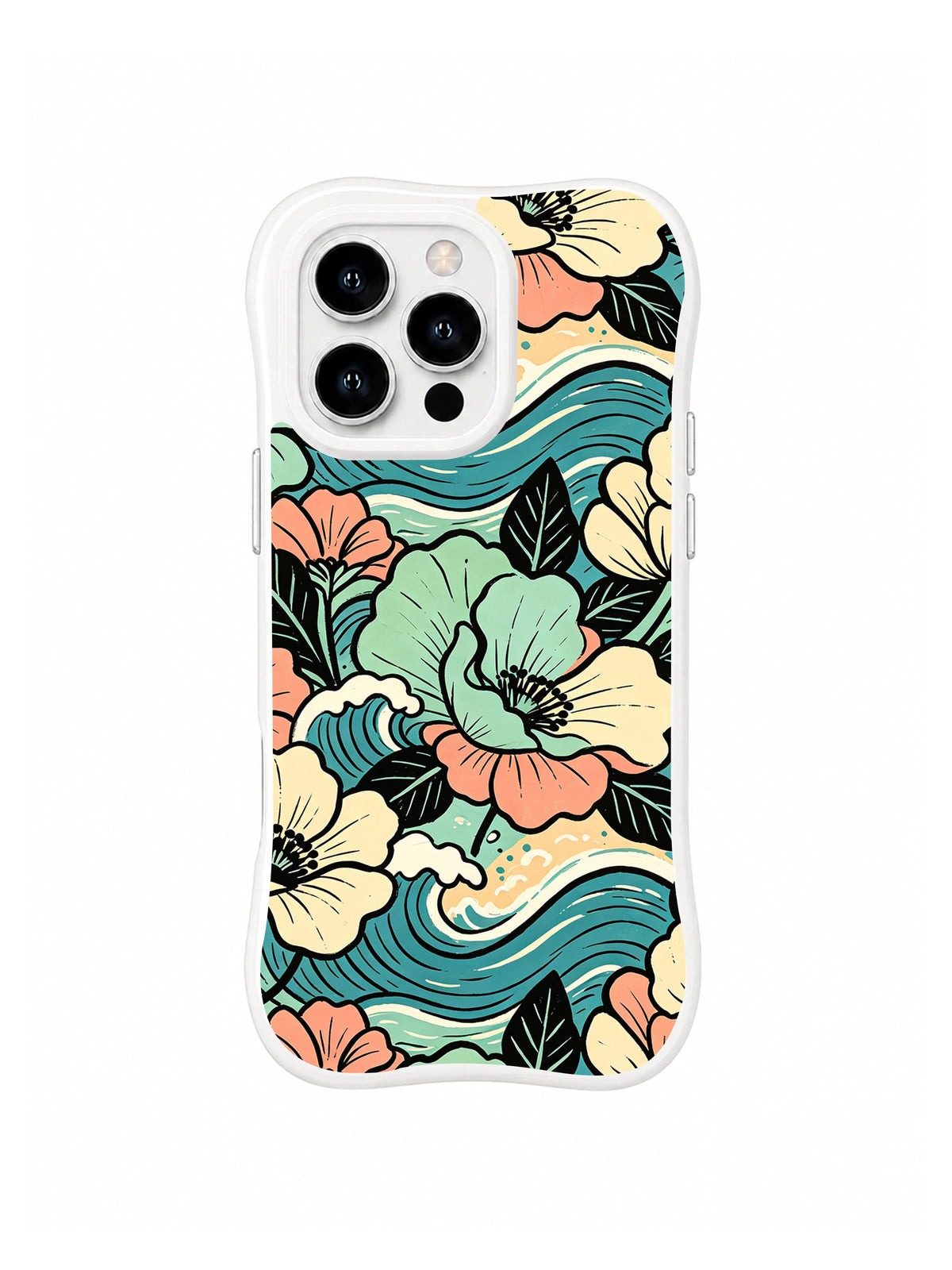 Seafoam Hibiscus Waves: Krem, turkuaz ve şeftali tonlu ebegümeci benzeri çiçekler katmanlı su yeşili dalgalarla üst üste gelir.