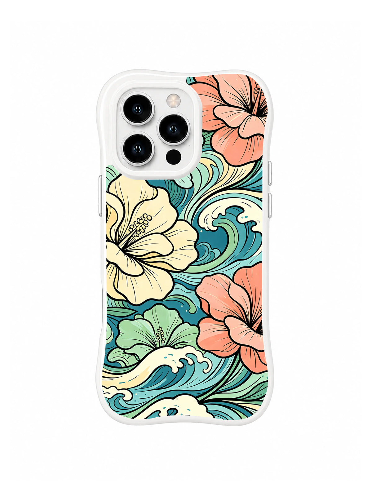 Aqua Flower Surf: Krem ve şeftali tonlu ebegümeci benzeri çiçekler kabaran turkuaz dalgalarla dönüşümlü sıralanır.