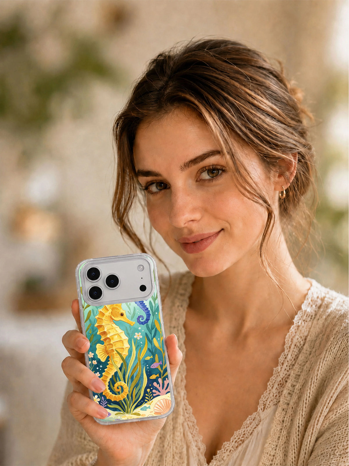 Seahorse Meadow coastal iPhone case lifestyle scene
