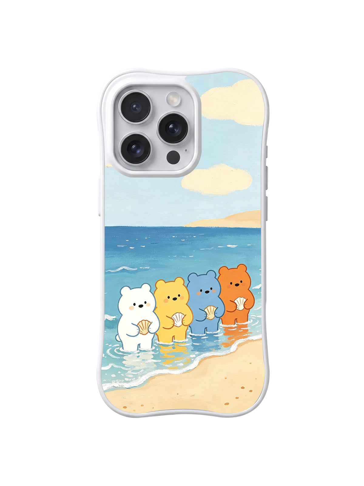 Four Bears in Gentle Waves: Dört renkli ayı yumuşak dalgaların kıyısında birlikte durur.