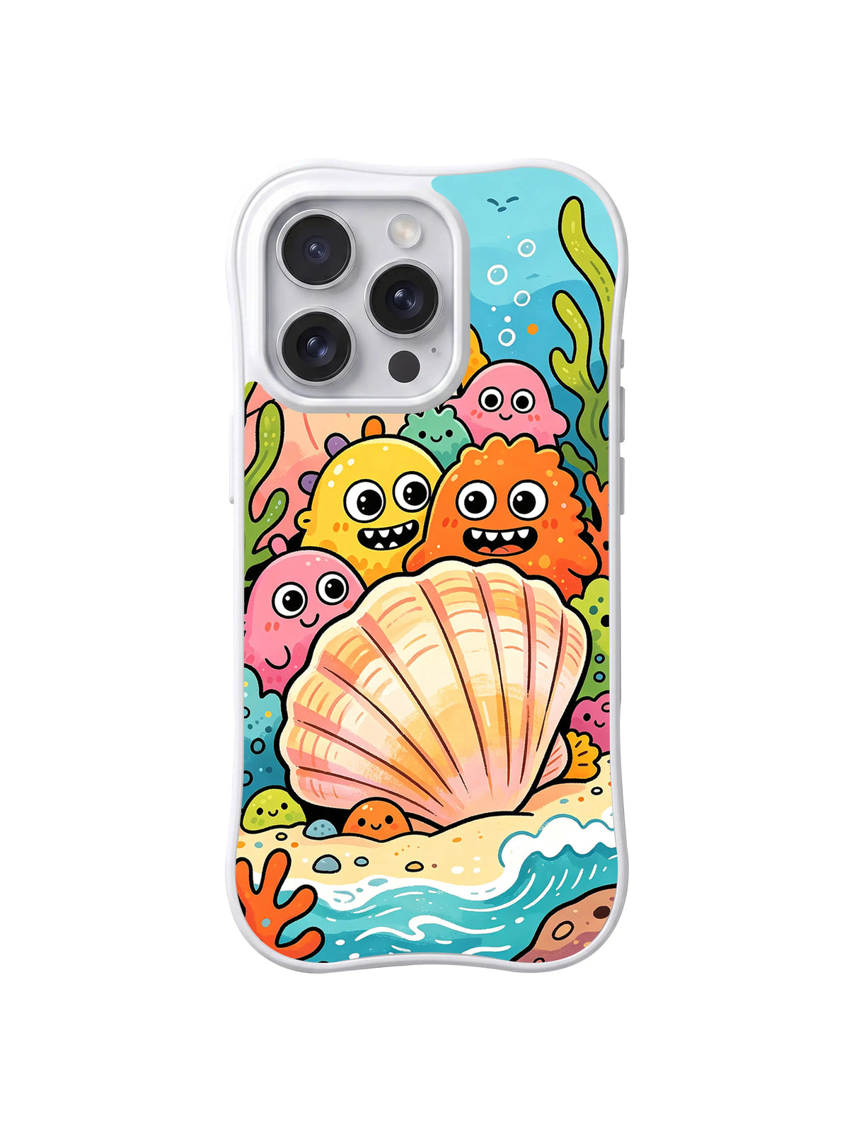Giant Shell Hideaway blobs, seaweed and ocean waves on an iPhone 13 Pro case