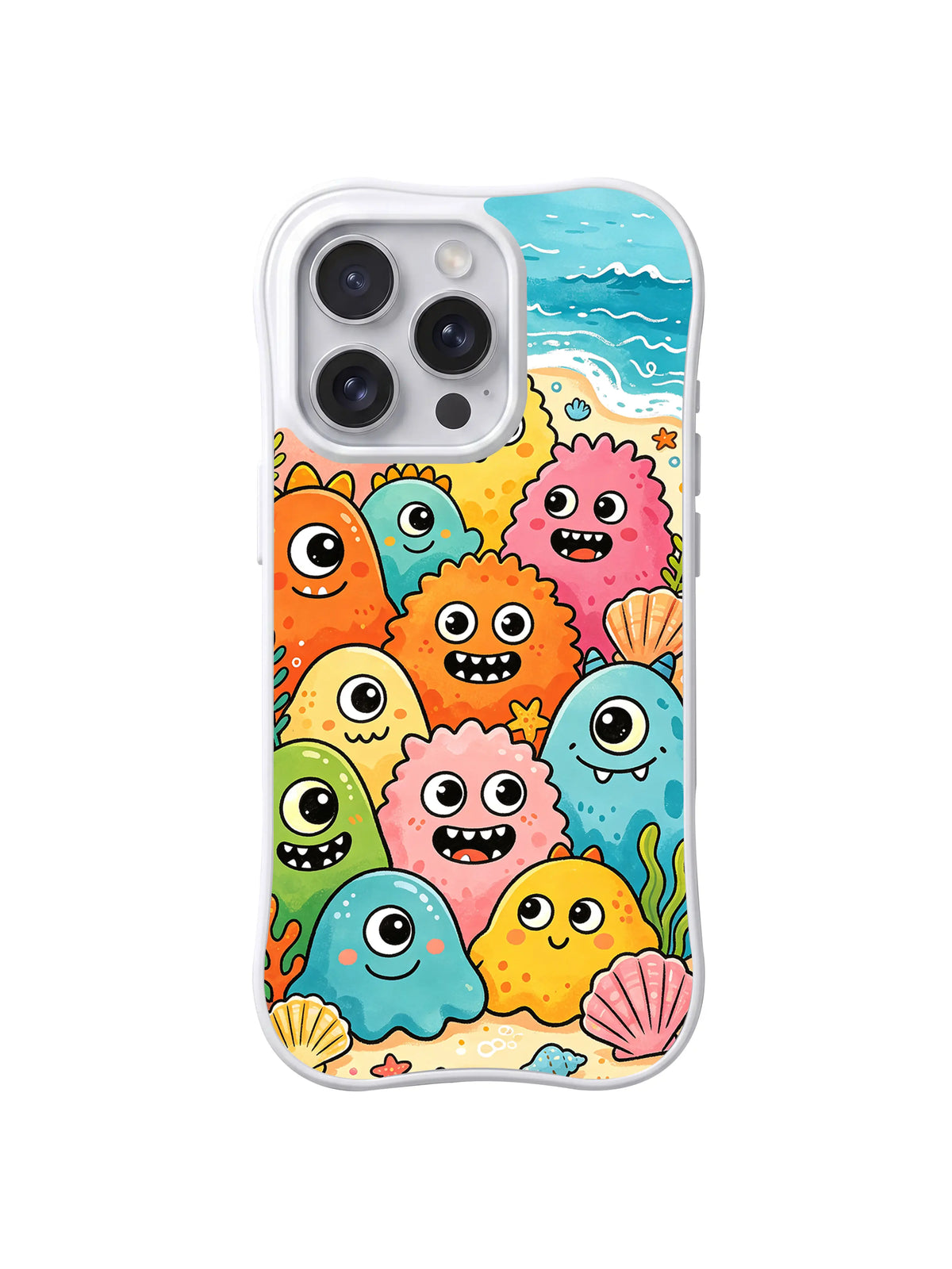 Sandy Blob Gathering cute sea creatures, shells and waves on an iPhone 13 Pro case