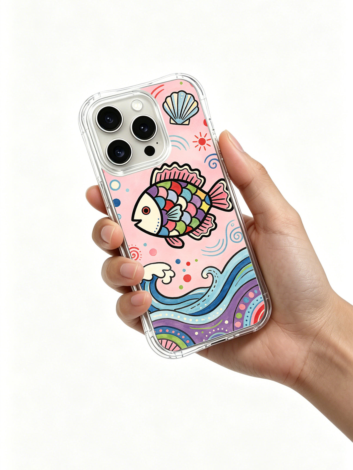 Colorful fish and waves iPhone 14 Pro case lifestyle