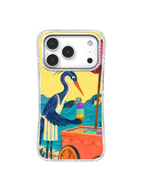 Navy heron ice-cream maker starting a three-scoop cone beside a coral seaside cart on an iPhone 17 Pro case
