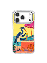 Navy heron stacking a mint scoop above a mustard scoop by the teal shoreline on an iPhone 17 Pro case