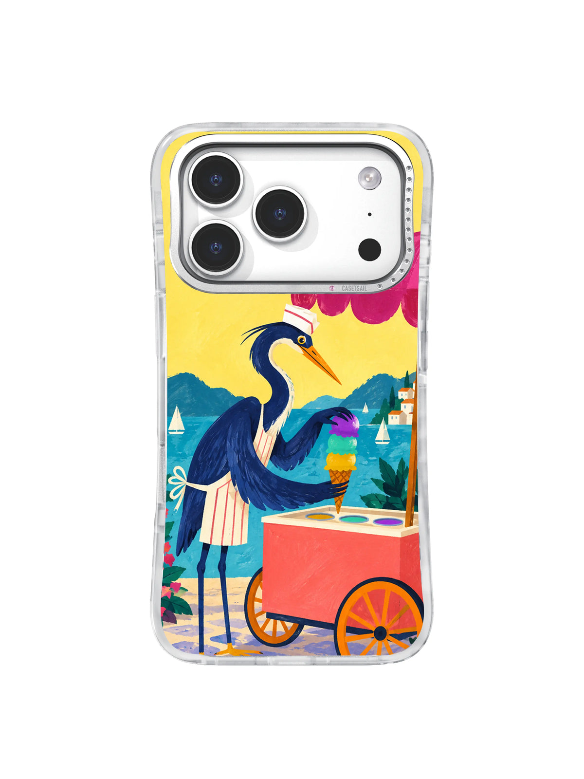 Heron balancing mustard, mint, and violet ice-cream scoops on a cream cone on an iPhone 17 Pro case