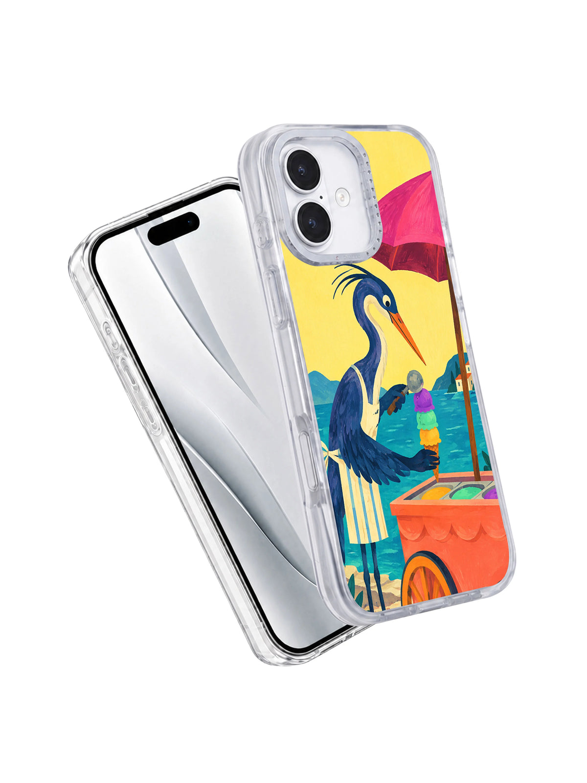 Angled transparent iPhone 17 Pro case with the seaside heron ice-cream artwork