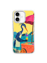 Transparent iPhone 17 Pro case front view with the Three Scoops by the Sea heron artwork