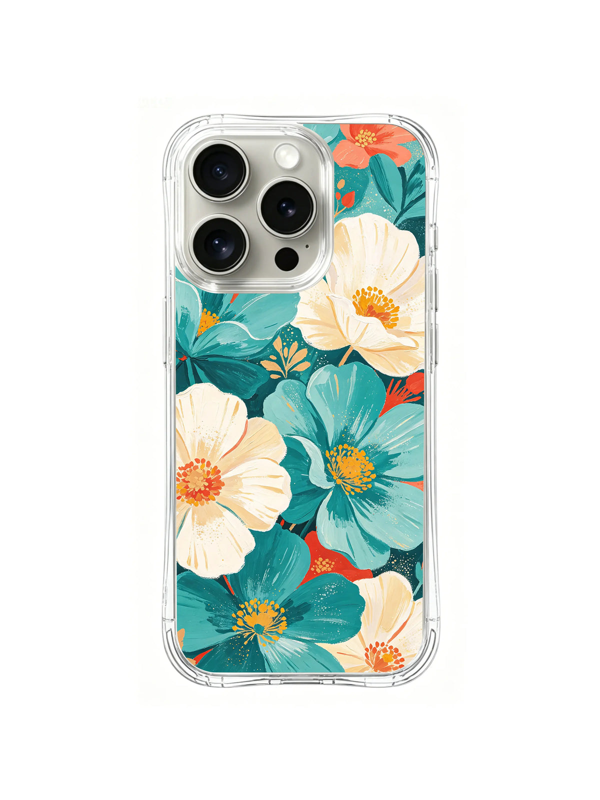 Coral Teal Flower Parade pattern on iPhone 15 Pro case