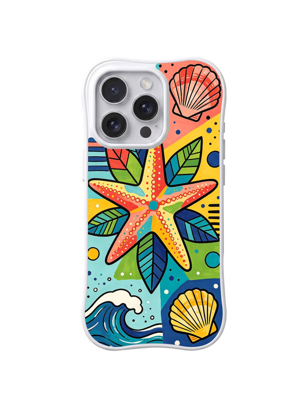 Starfish Coastal Garden: Mercan renkli denizyıldızı kabuklar, yapraklar, noktalar ve mavi dalgalarla çevrilidir.