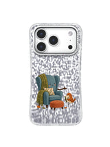 Anthropomorphic blue armchair extending an armrest invitation toward a book-carrying bird.