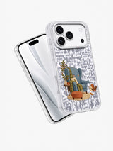 Angled transparent iPhone 17 Pro case showing A Seat Saved for You artwork.