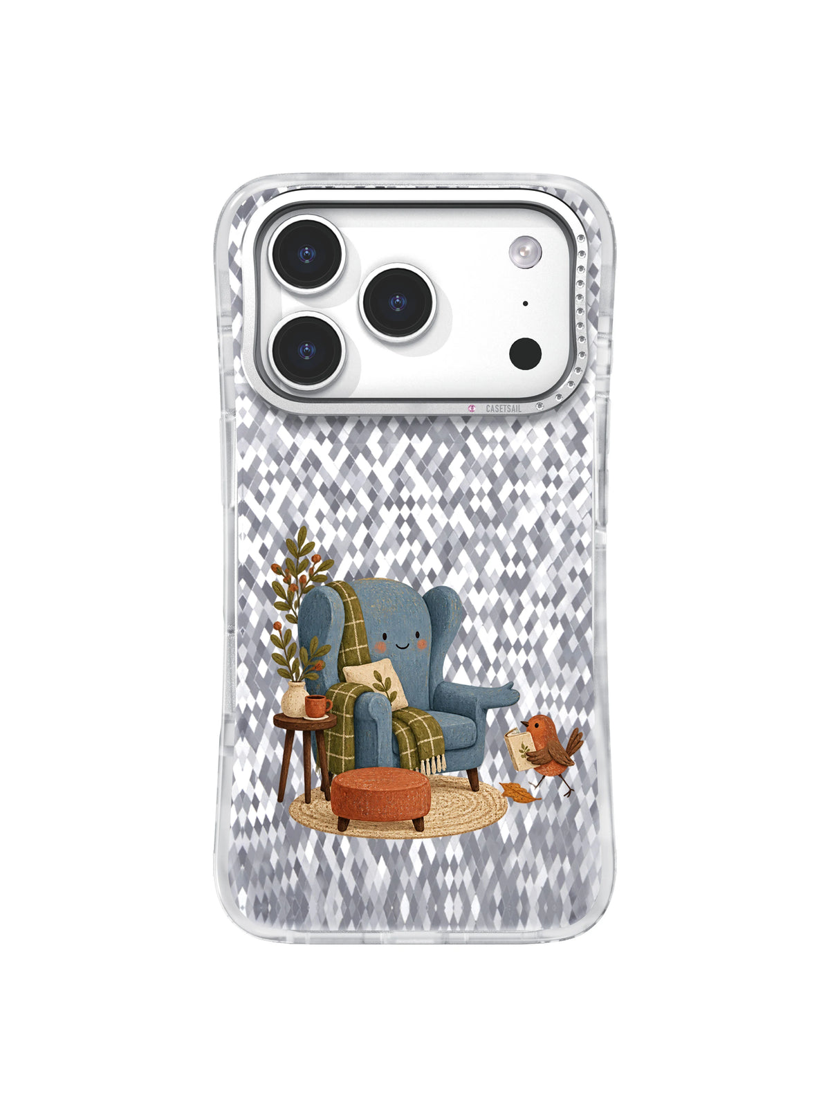 Front view of the transparent iPhone 17 Pro case with A Seat Saved for You artwork.
