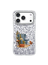 Friendly dusty-blue armchair waiting beside a rust-orange bird in a pale-sage phone case illustration.
