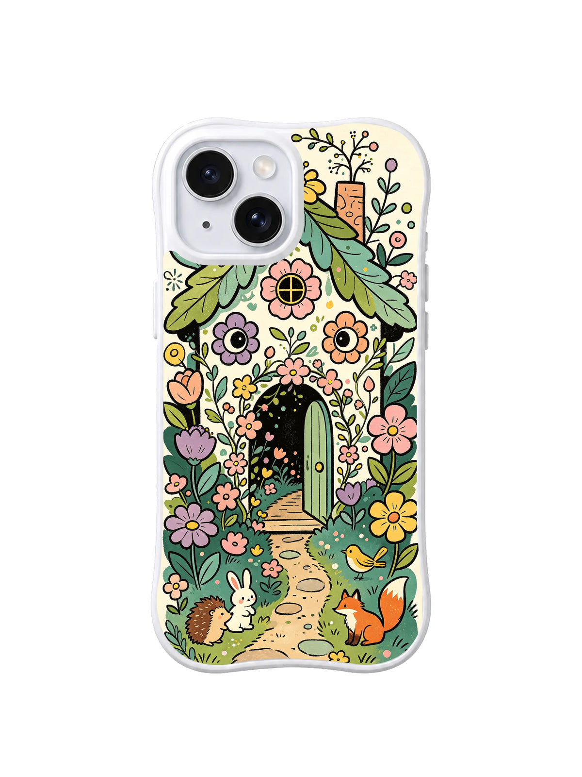 Bloom Eyed Garden Gate: A dark arched garden gate sits among oversized flowers and small woodland animals.